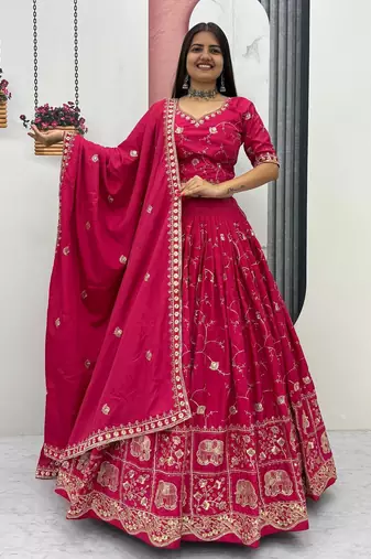 Rani Pink Color Embroidery Thread and Sequence Work Silk Lahenga Choli Set