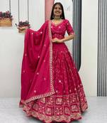 Rani Pink Color Embroidery Thread and Sequence Work Silk Lahenga Choli Set
