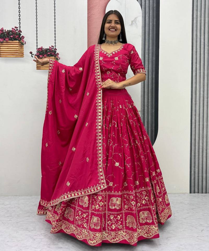 Rani Pink Color Embroidery Thread and Sequence Work Silk Lahenga Choli Set