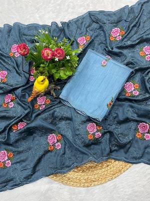Blue manipuri silk blend sequins embroidered fancy saree 5