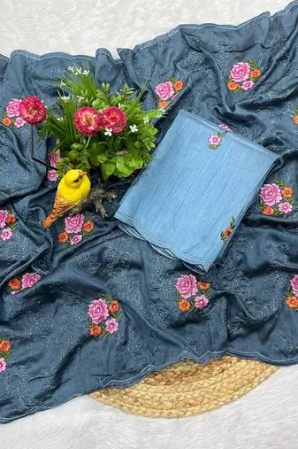 Blue manipuri silk blend sequins embroidered fancy saree