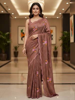 Brown manipuri silk blend sequins embroidered fancy saree 1