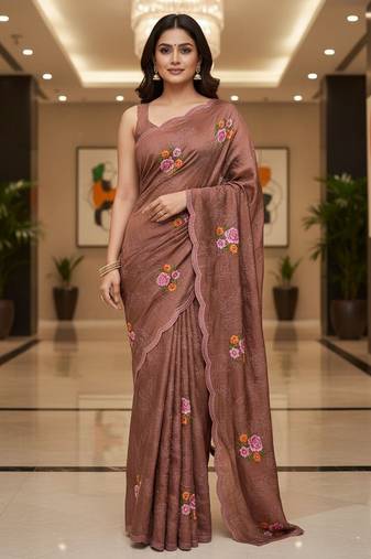 Brown color manipuri silk sequins embroidered fancy saree