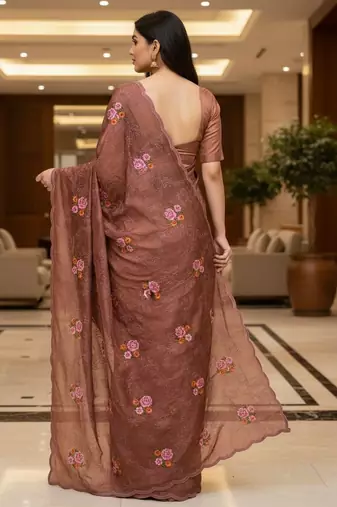 Brown manipuri silk blend sequins embroidered fancy saree
