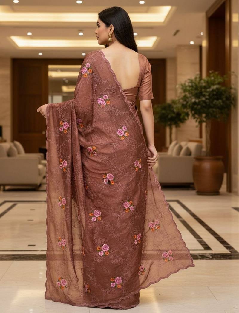 Brown color manipuri silk sequins embroidered fancy saree