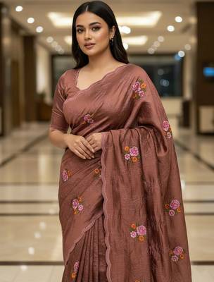 Brown manipuri silk blend sequins embroidered fancy saree 3