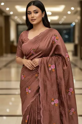 Brown manipuri silk blend sequins embroidered fancy saree
