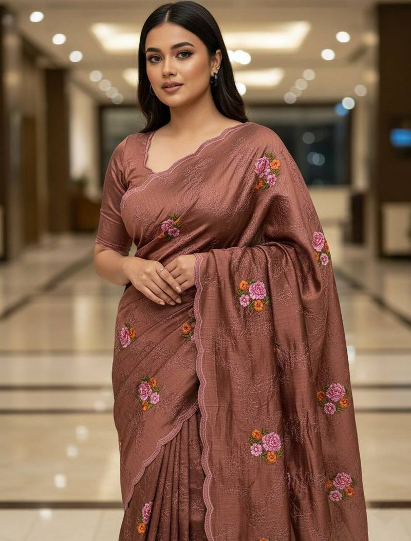 Brown color manipuri silk sequins embroidered fancy saree