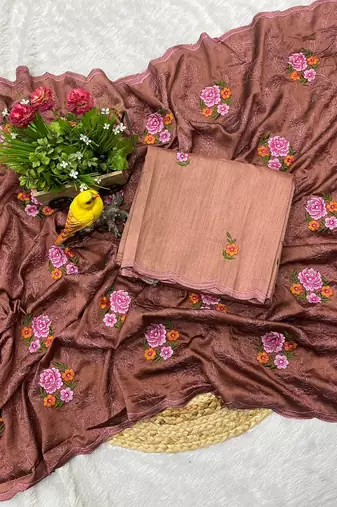 Brown manipuri silk blend sequins embroidered fancy saree