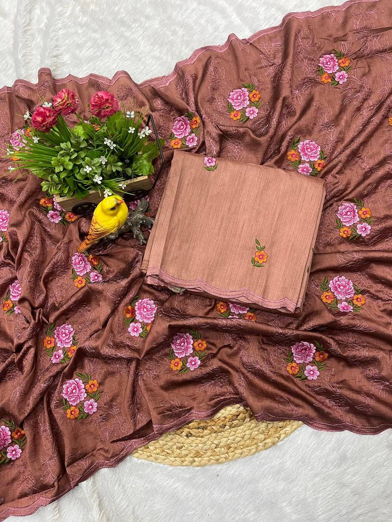 Brown color manipuri silk sequins embroidered fancy saree