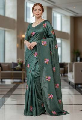 Green manipuri silk blend sequins embroidered fancy saree 1