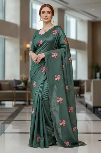 Green color manipuri silk sequins embroidered fancy saree