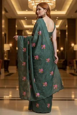 Green manipuri silk blend sequins embroidered fancy saree 2