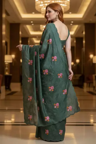 Green manipuri silk blend sequins embroidered fancy saree