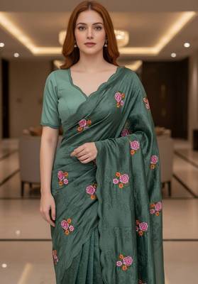 Green manipuri silk blend sequins embroidered fancy saree 3