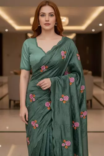 Green manipuri silk blend sequins embroidered fancy saree