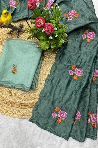 Green manipuri silk blend sequins embroidered fancy saree