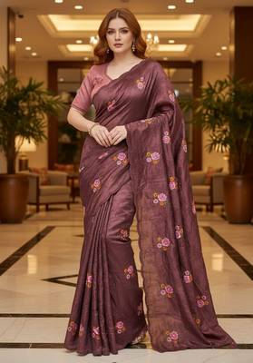 Maroon manipuri silk blend sequins embroidered fancy saree 1