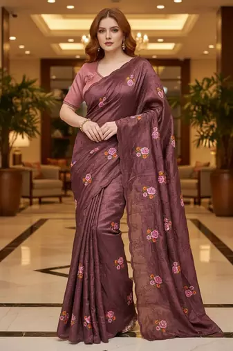 Maroon color manipuri silk sequins embroidered fancy saree