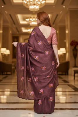 Maroon manipuri silk blend sequins embroidered fancy saree 2