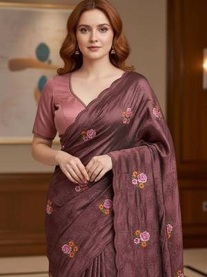 Maroon manipuri silk blend sequins embroidered fancy saree 3