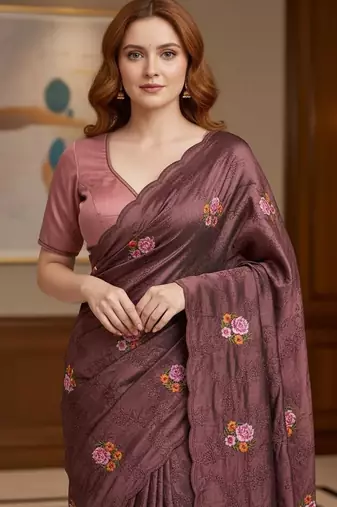 Maroon manipuri silk blend sequins embroidered fancy saree