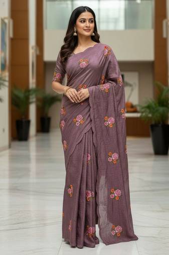 Purple color manipuri silk sequins embroidered fancy saree