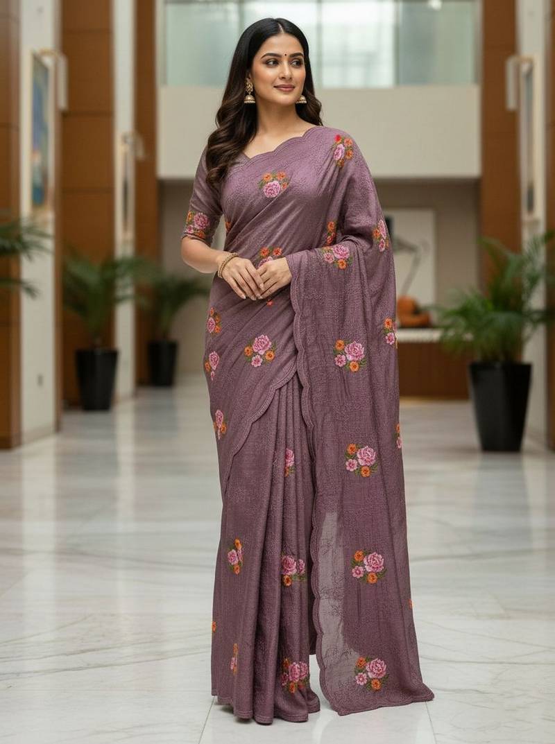 Purple color manipuri silk sequins embroidered fancy saree