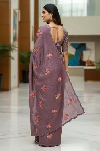 Purple manipuri silk blend sequins embroidered fancy saree