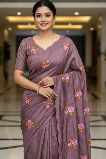 Purple manipuri silk blend sequins embroidered fancy saree
