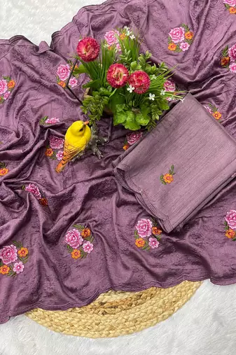 Purple manipuri silk blend sequins embroidered fancy saree