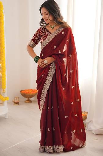 Maroon color fendy satin silk fabric designer bollywood style girlie saree
