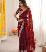 Maroon fendy satin silk fabric designer style girlie saree