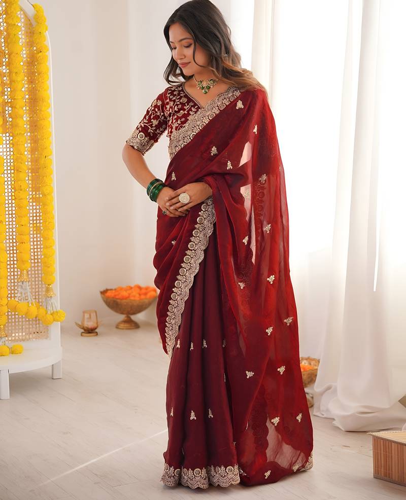 Maroon color fendy satin silk fabric designer bollywood style girlie saree