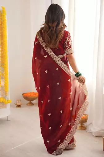 Maroon satin silk blend style girlie saree