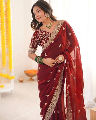 Maroon satin silk blend style girlie saree 3