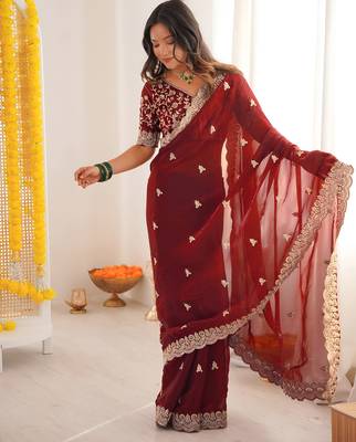 Maroon satin silk blend style girlie saree 4
