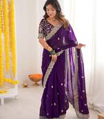 Purple fendy satin silk fabric designer style girlie saree