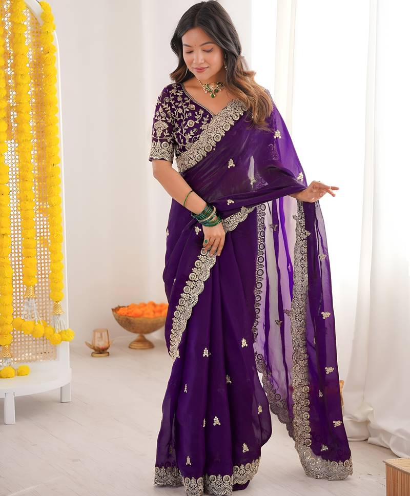 Purple color fendy satin silk fabric designer bollywood style girlie saree