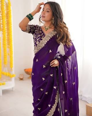Purple satin silk blend style girlie saree 3