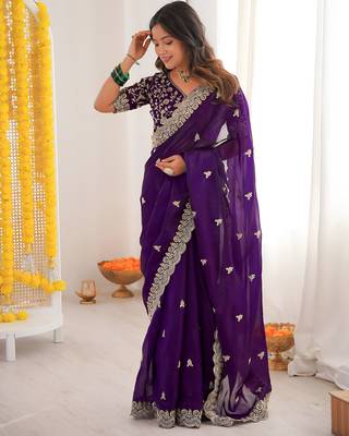 Purple satin silk blend style girlie saree 4