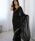 Black fendy satin silk fabric designer style girlie saree