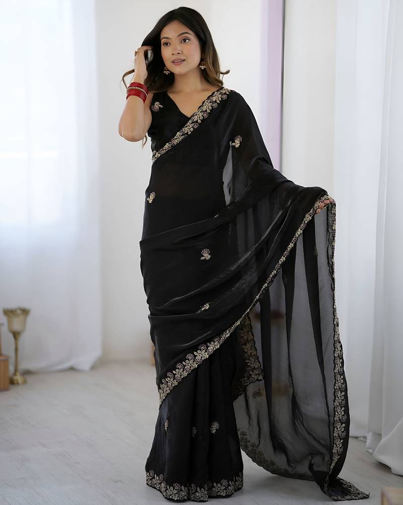 Black color fendy satin silk fabric designer bollywood style girlie saree