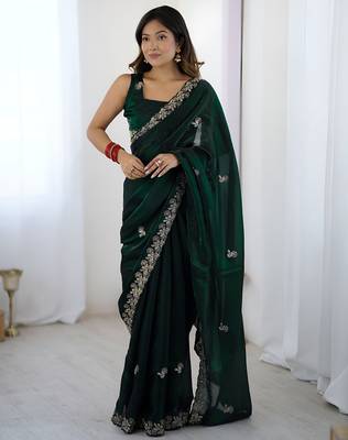 Green satin silk blend style girlie saree 1