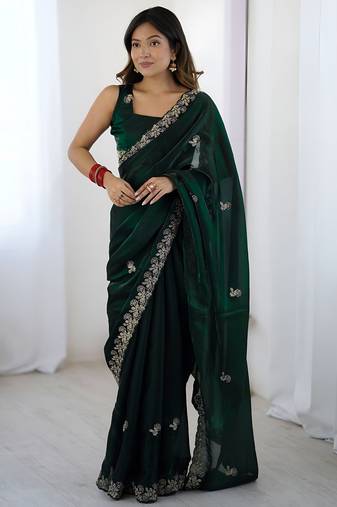 Green color fendy satin silk fabric designer bollywood style girlie saree