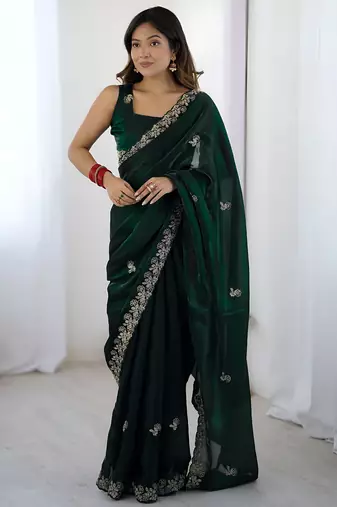 Green color fendy satin silk fabric designer bollywood style girlie saree