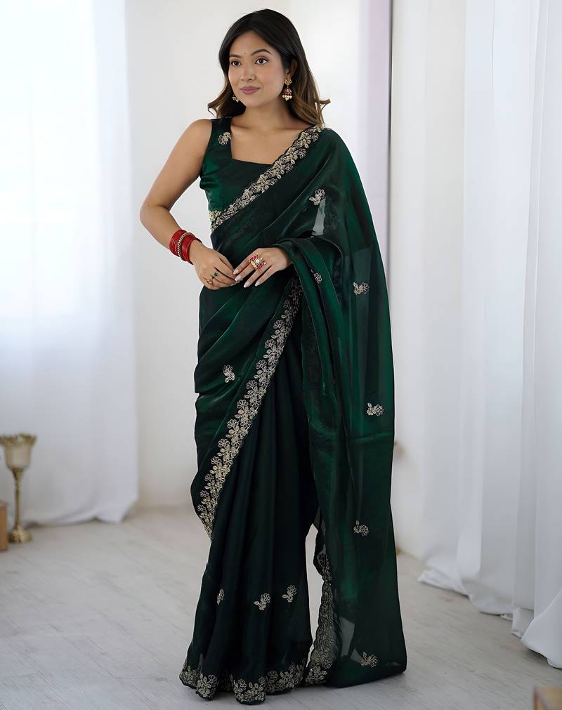 Green color fendy satin silk fabric designer bollywood style girlie saree