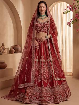 Rich Red Multi Thread Work Bridal Lehenga Choli With Double Dupatta 1
