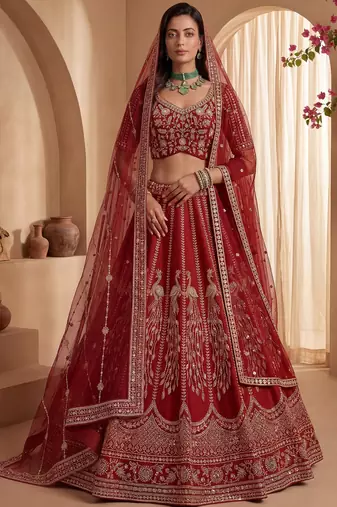 Rich Red Multi Thread Work Bridal Lehenga Choli With Double Dupatta