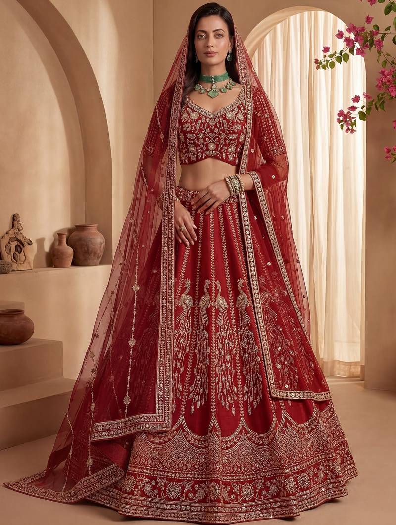 Rich Red Multi Thread Work Bridal Lehenga Choli With Double Dupatta